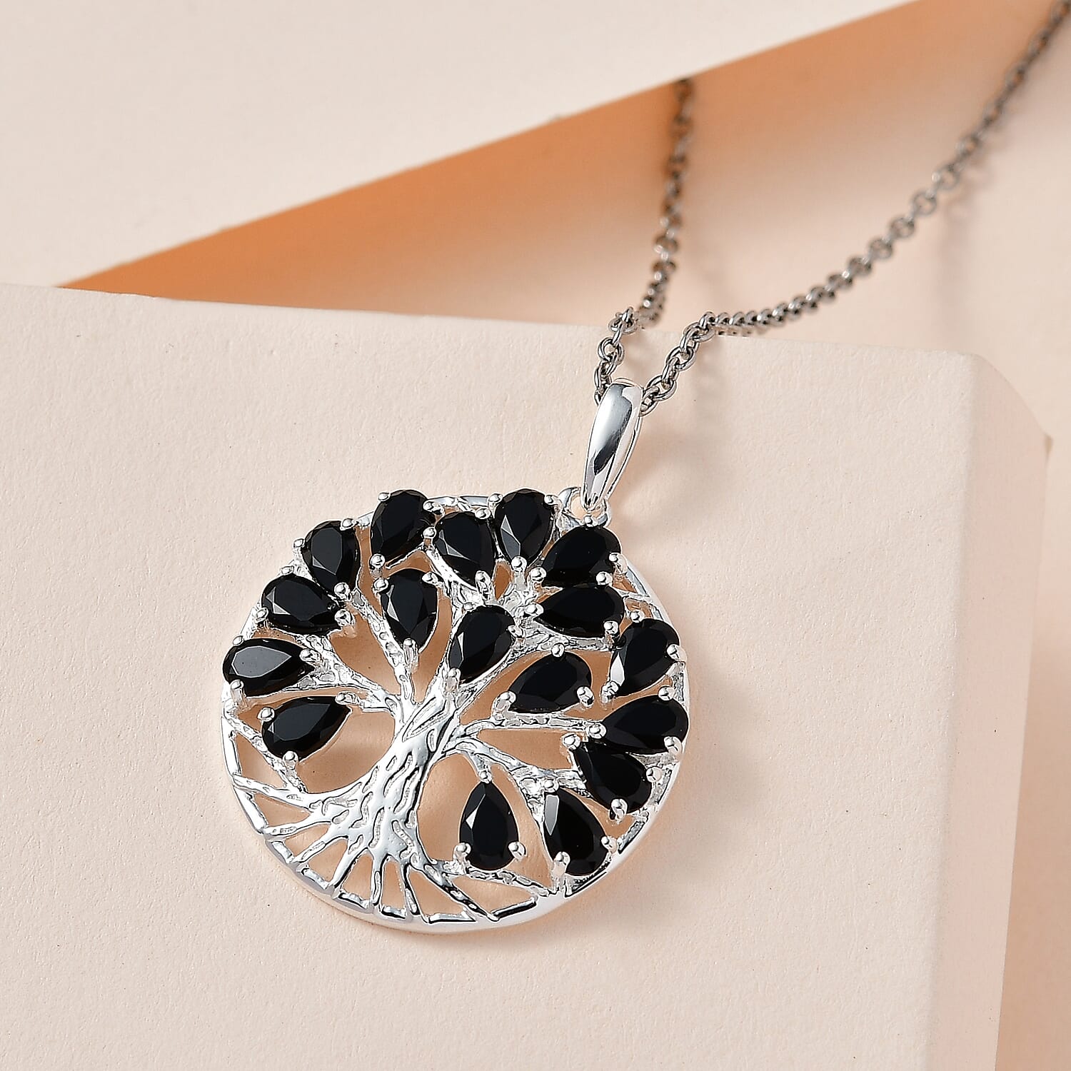 Boi Ploi Black Spinel Sterling Silver Tree of Life Pendant With Chain (Size 20) 5.27 Ct, Silver Wt 7.44 Gms.