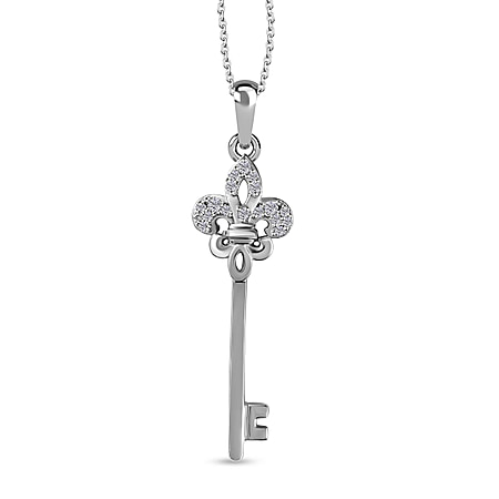 Moissanite Key Pendant with Chain (Size 20) in Platinum Overlay Sterling Silver