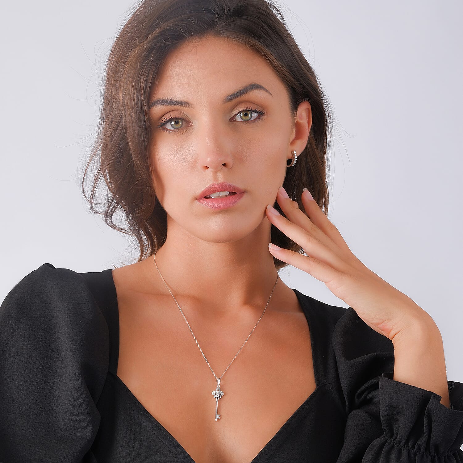 Key Moissanite Pendant with Chain (Size 20) in Platinum Overlay Sterling Silver