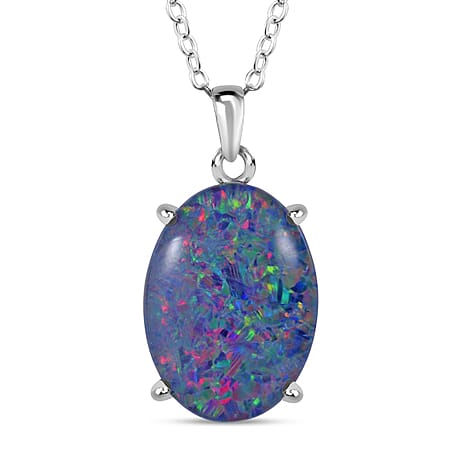 Australian Boulder Opal Pendant with Chain (Size 20) with Lobster Clasp in Rhodium Overlay Sterling Silver 6.41 Ct.