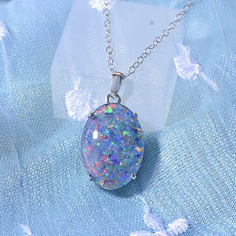 Australian Boulder Opal Pendant with Chain (Size 20) with Lobster Clasp in Rhodium Overlay Sterling Silver 6.41 Ct.