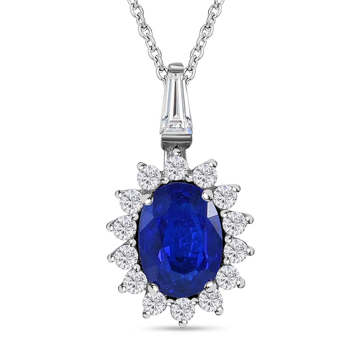 Tanzanian Blue Spinel & Natural Zircon Halo Pendant with Chain (Size 20) in Rhodium Overlay Sterling Silver 1.28 Ct.