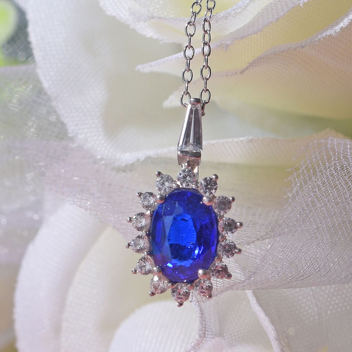 Tanzanian Blue Spinel & Natural Zircon Halo Pendant with Chain (Size 20) in Rhodium Overlay Sterling Silver 1.28 Ct.