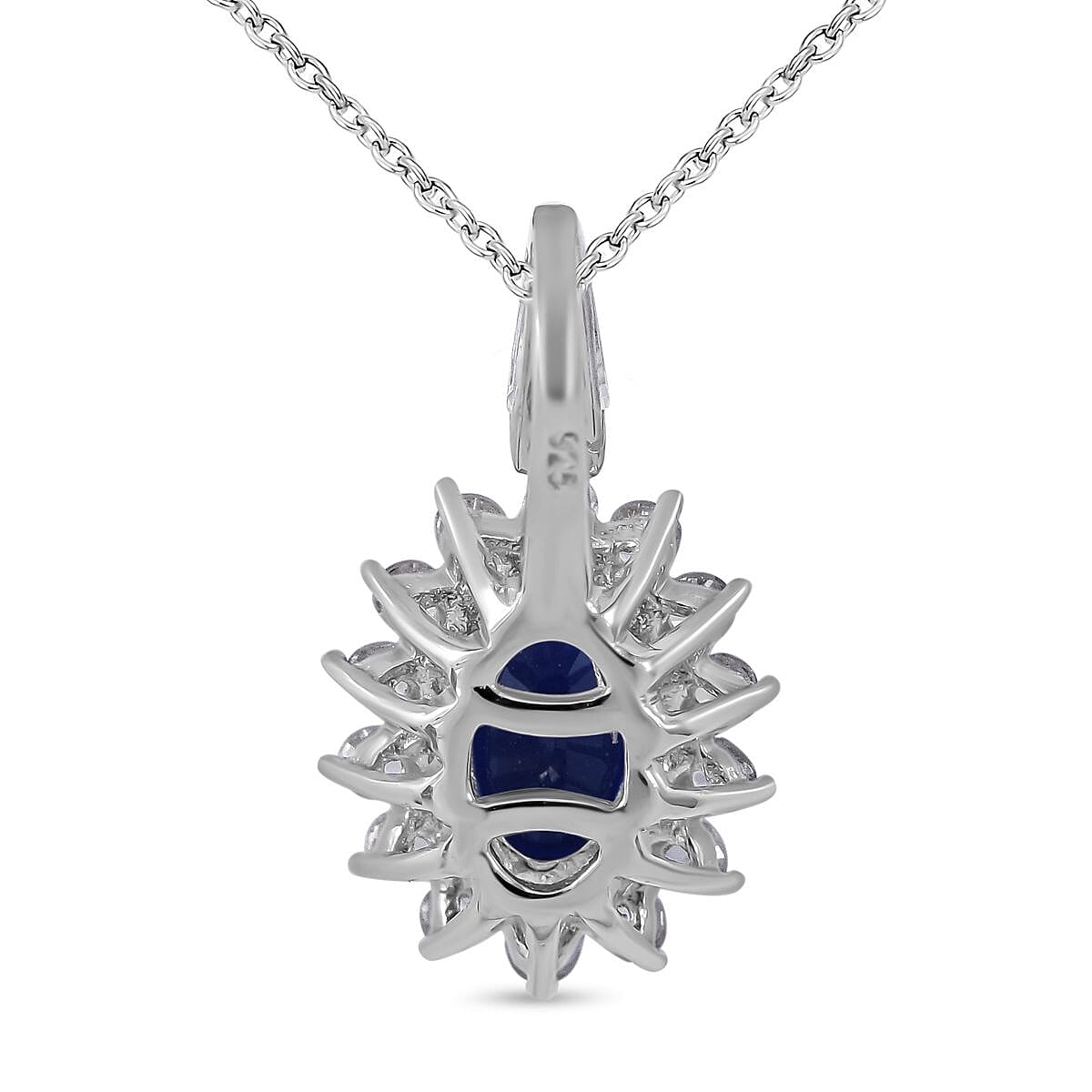 Tanzanian Blue Spinel & Natural Zircon Halo Pendant with Chain (Size 20) in Rhodium Overlay Sterling Silver 1.28 Ct.