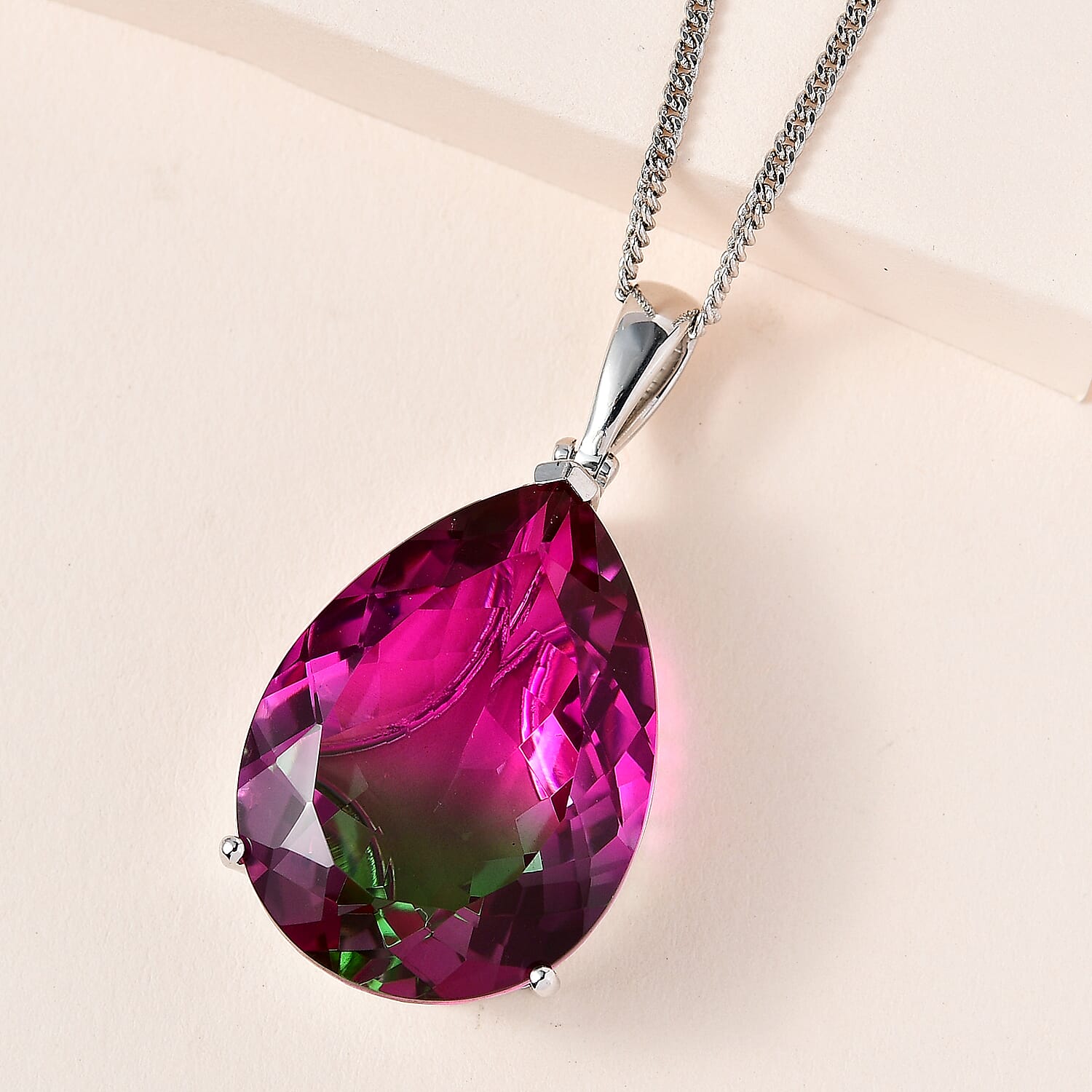 Watermelon Colour Tourmaline Quartz Pendant with Chain (Size 20) in Platinum Overlay Sterling 50.96 Ct, Silver Wt. 11.40 Gms