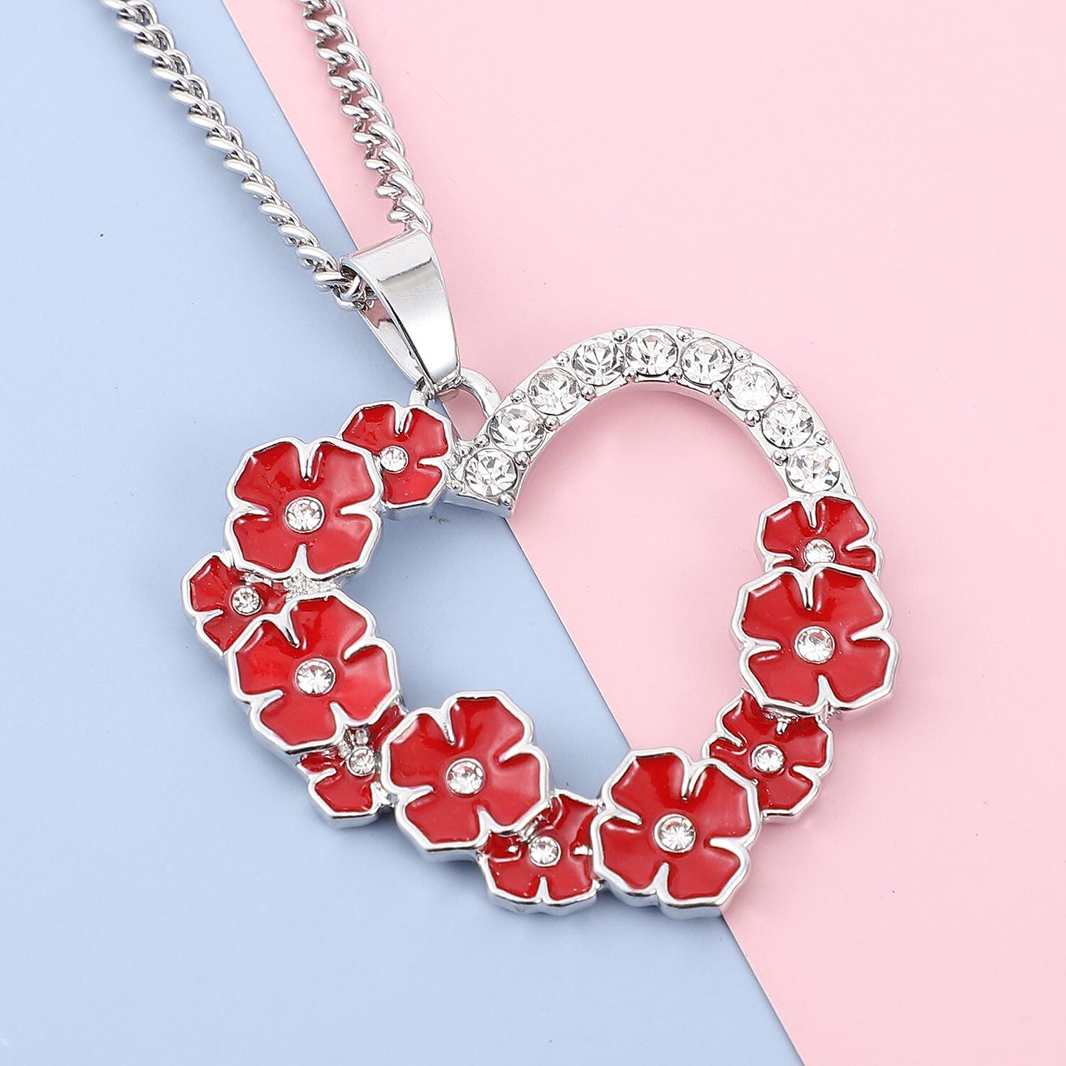 Austrian White Crystal Enamelled Poppy Design Heart Pendant with Chain (Size-24-2 inch Ext.) in Silver Tone
