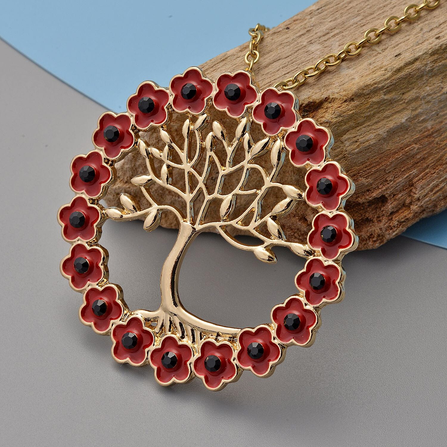 Black Austrian Crystal Enamelled Tree of Life Poppy Design Pendant with Chain (Size-24) in Yellow Gold Tone