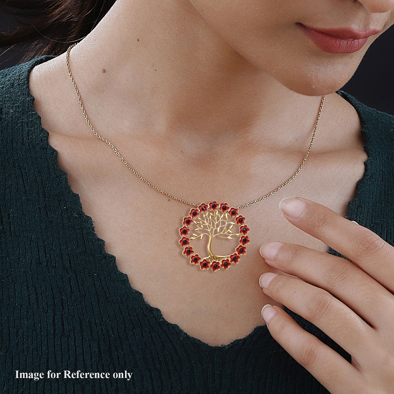 Black Austrian Crystal Enamelled Tree of Life Poppy Design Pendant with Chain (Size-24) in Yellow Gold Tone