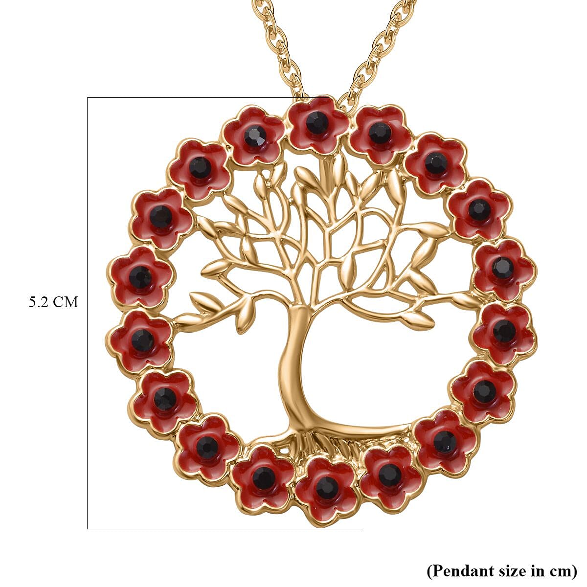 Black Austrian Crystal Enamelled Tree of Life Poppy Design Pendant with Chain (Size-24) in Yellow Gold Tone