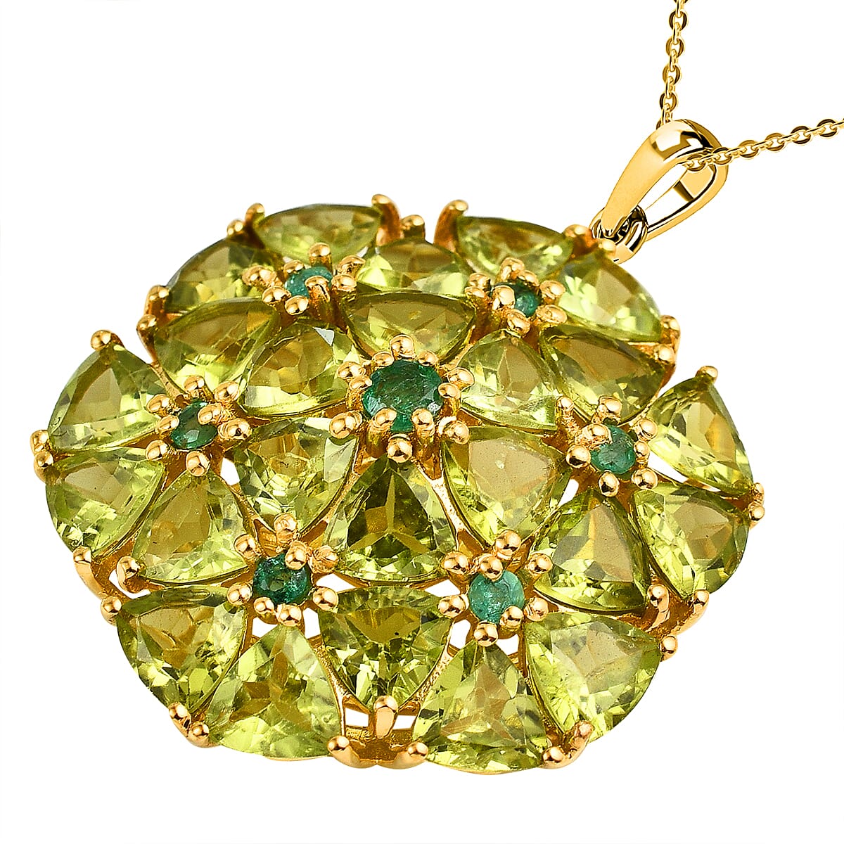 Hebei Peridot & Emerald Pendant with Chain (Size 20) in 18K Vermeil Yellow Gold Plated Sterling Silver 10.42 Ct, Silver Wt. 6.48 Gms