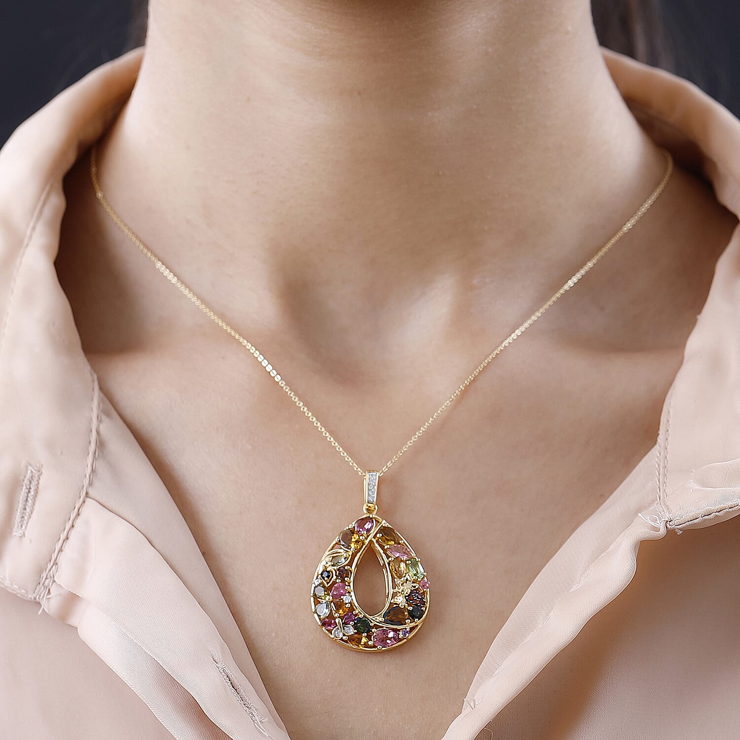 GP- Italian Garden Collection - Multi-Tourmaline Pendant with Chain (Size 20) in 18K Yellow Gold Vermeil Plated Sterling Silver 3.51 Ct