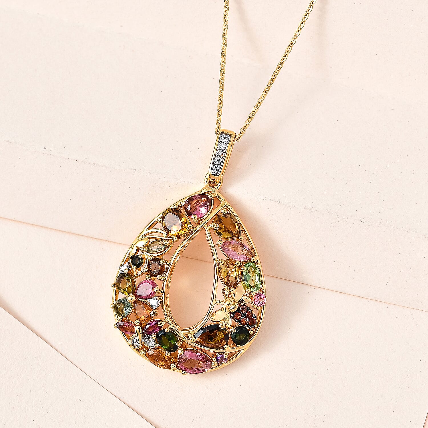 GP- Italian Garden Collection - Multi-Tourmaline Pendant with Chain (Size 20) in 18K Yellow Gold Vermeil Plated Sterling Silver 3.51 Ct