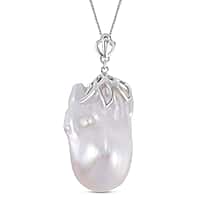 D'Joy White Baroque Pearl Pendant with Chain (Size 18) in Rhodium Overlay Sterling Silver 40.00 Ct.