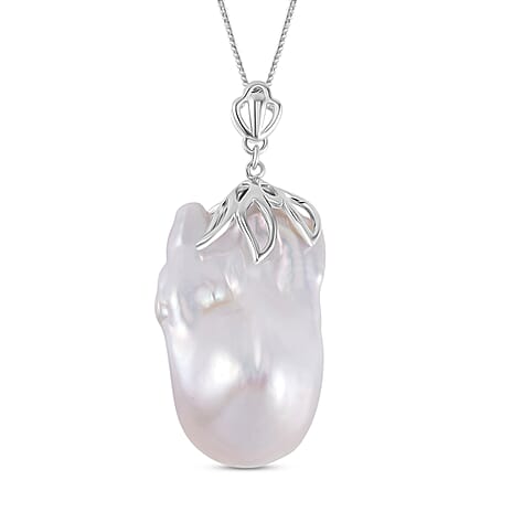 D'Joy White Baroque Pearl Pendant with Chain (Size 18) in Rhodium Overlay Sterling Silver 40.00 Ct.