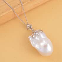 D'Joy White Baroque Pearl Pendant with Chain (Size 18) in Rhodium Overlay Sterling Silver 40.00 Ct.
