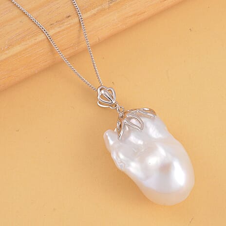 D'Joy White Baroque Pearl Pendant with Chain (Size 18) in Rhodium Overlay Sterling Silver 40.00 Ct.