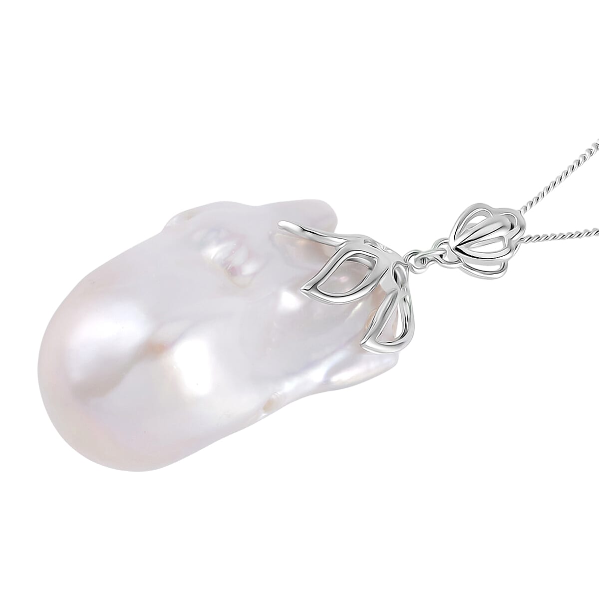 D'Joy White Baroque Pearl Pendant with Chain (Size 18) in Rhodium Overlay Sterling Silver 40.00 Ct.
