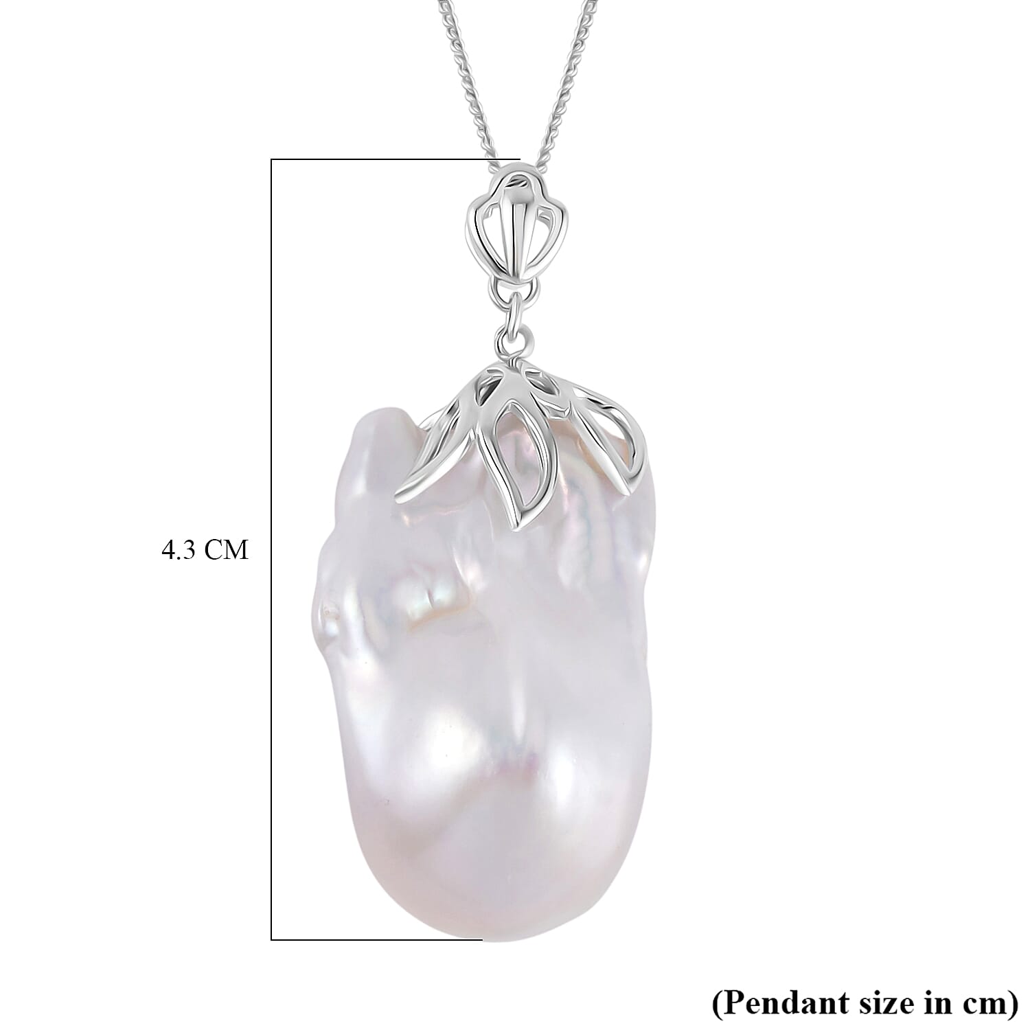D'Joy White Baroque Pearl Pendant with Chain (Size 18) in Rhodium Overlay Sterling Silver 40.00 Ct.