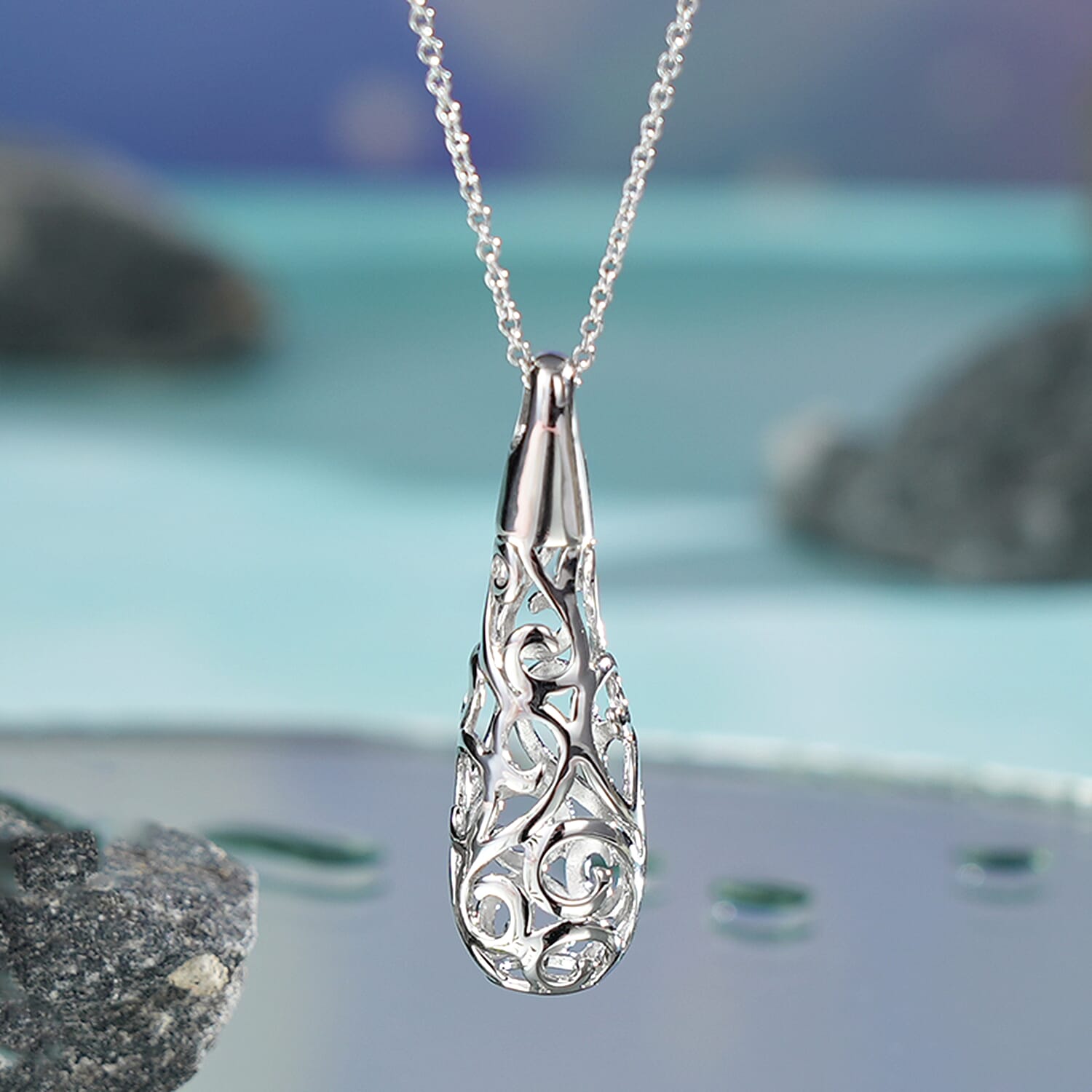 Lucy Q Air Drip Filigree Collection - Rhodium Overlay Sterling Silver Pendant with Chain (Size - 18-22-26)