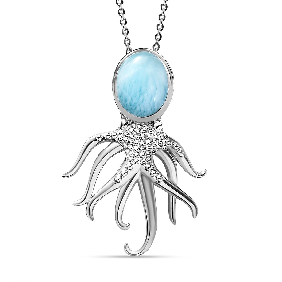 The Atlantis Collection- Larimar Octopus Pendant with Chain (Size 20) in Platinum Overlay Sterling Silver 2.89 Ct, Silver Wt. 5.90 Gms