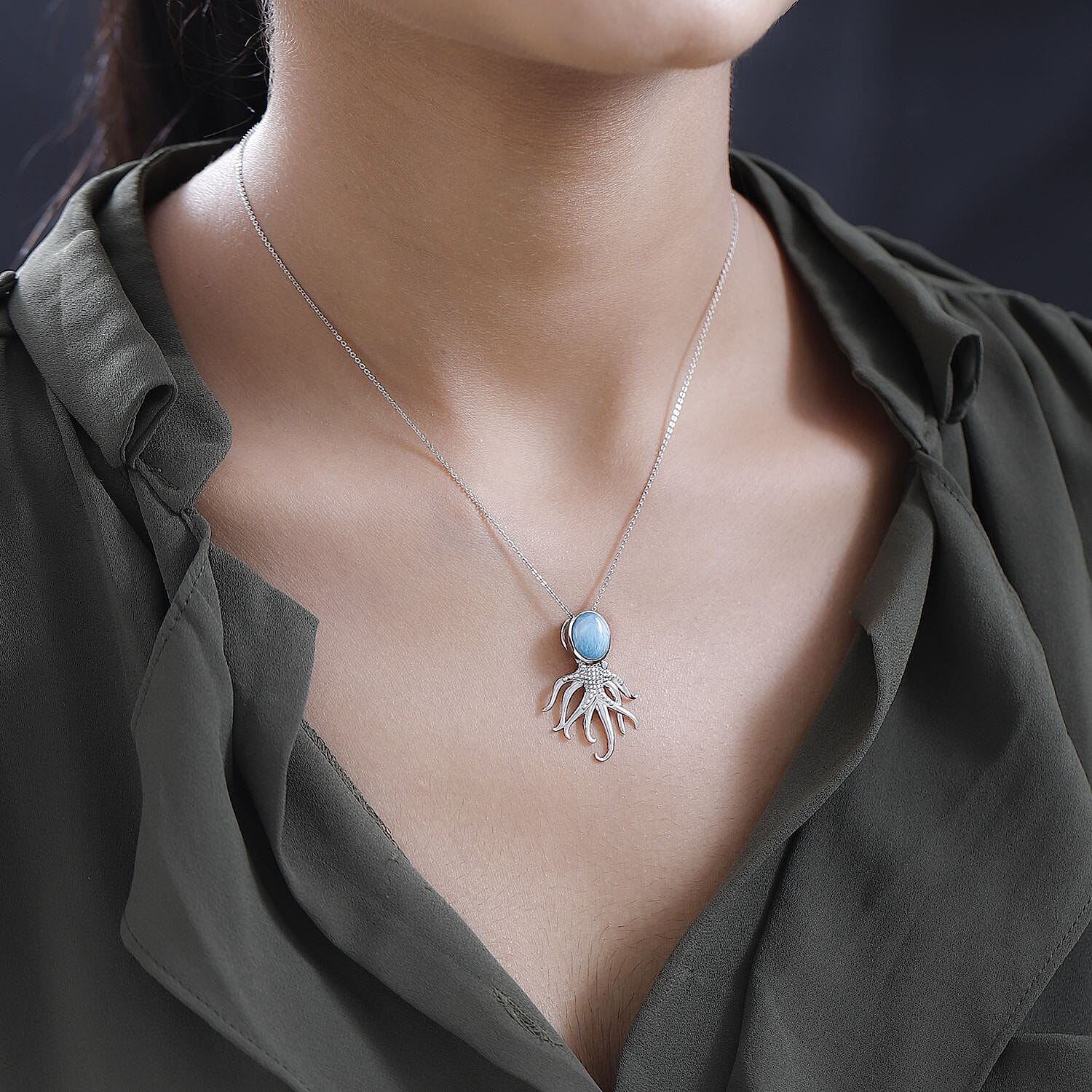 The Atlantis Collection- Larimar Octopus Pendant with Chain (Size 20) in Platinum Overlay Sterling Silver 2.89 Ct, Silver Wt. 5.90 Gms