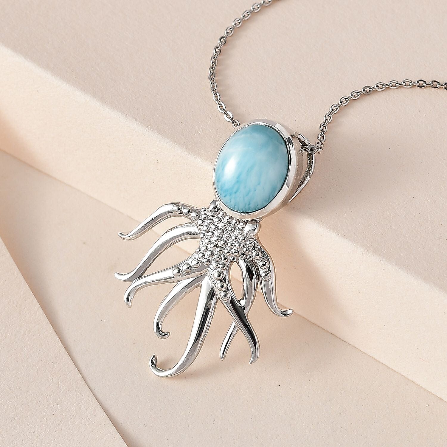 The Atlantis Collection- Larimar Octopus Pendant with Chain (Size 20) in Platinum Overlay Sterling Silver 2.89 Ct, Silver Wt. 5.90 Gms