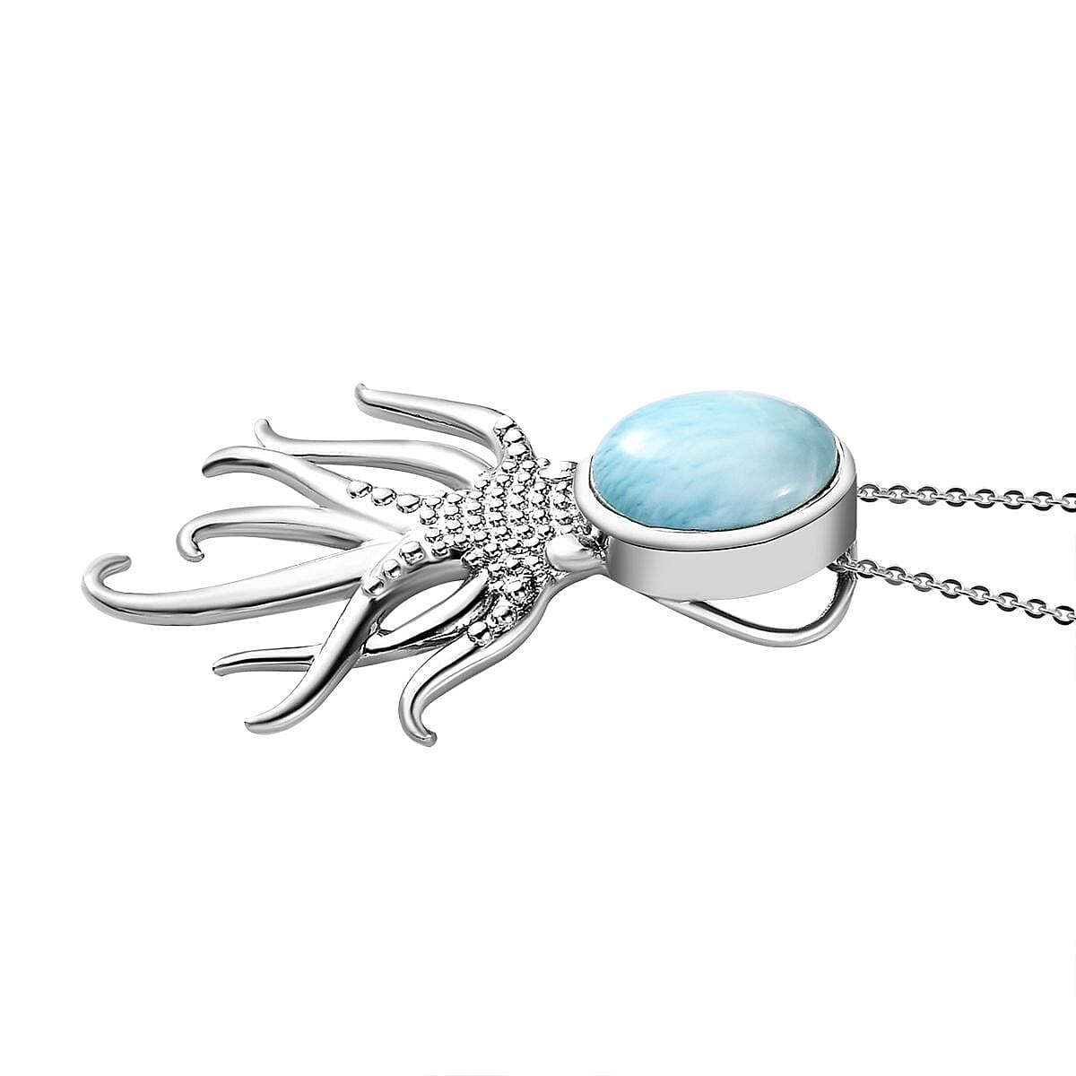 The Atlantis Collection- Larimar Octopus Pendant with Chain (Size 20) in Platinum Overlay Sterling Silver 2.89 Ct, Silver Wt. 5.90 Gms