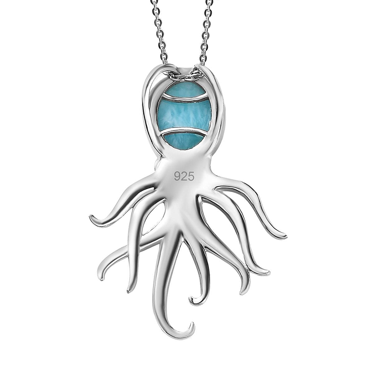 The Atlantis Collection- Larimar Octopus Pendant with Chain (Size 20) in Platinum Overlay Sterling Silver 2.89 Ct, Silver Wt. 5.90 Gms