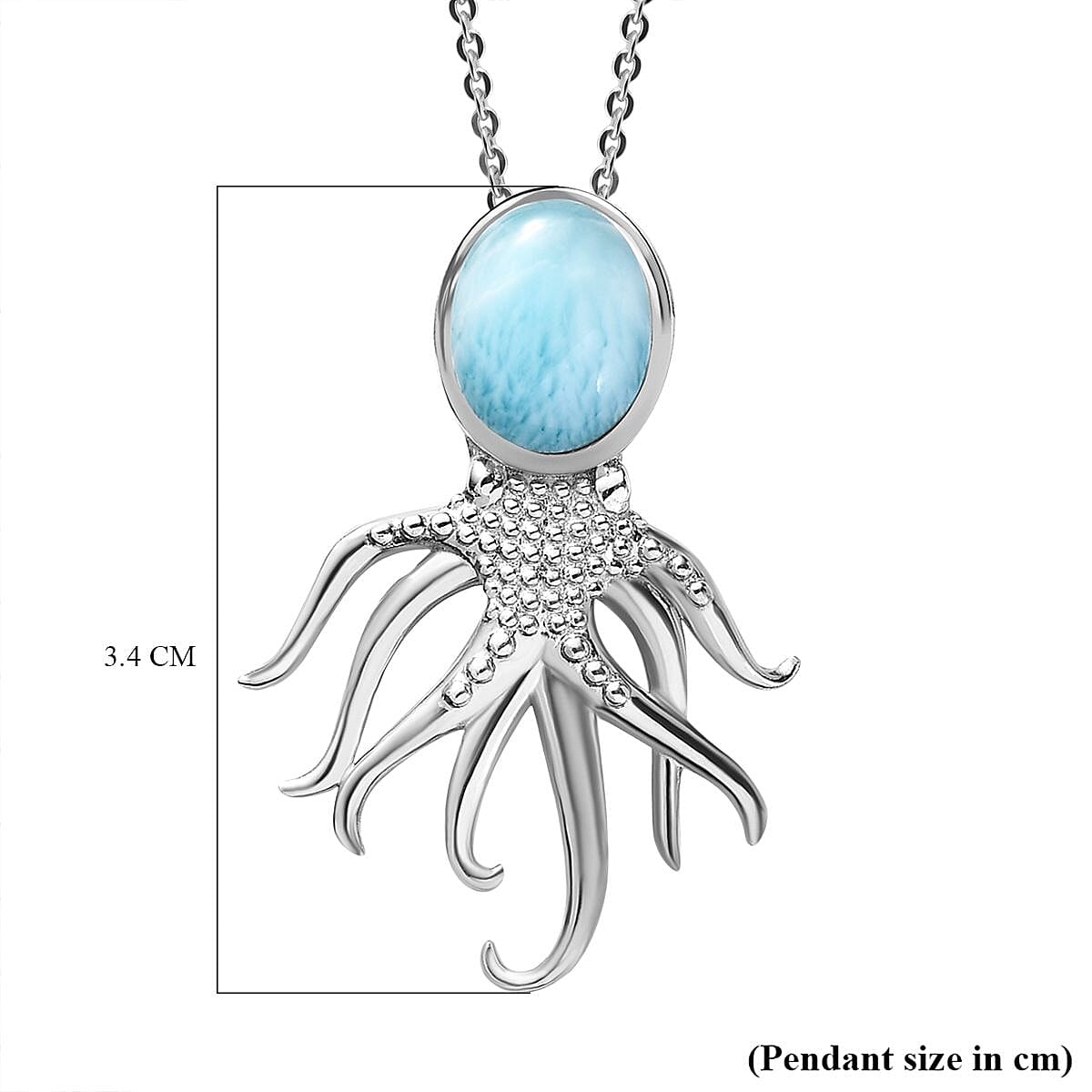The Atlantis Collection- Larimar Octopus Pendant with Chain (Size 20) in Platinum Overlay Sterling Silver 2.89 Ct, Silver Wt. 5.90 Gms