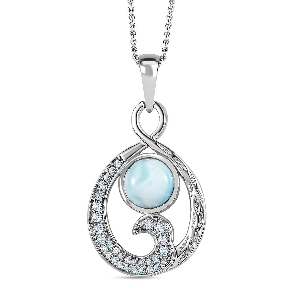 Larimar & Natural Zircon Pendant with Chain (Size 20) in Platinum Overlay Sterling Silver 3.35 Ct.