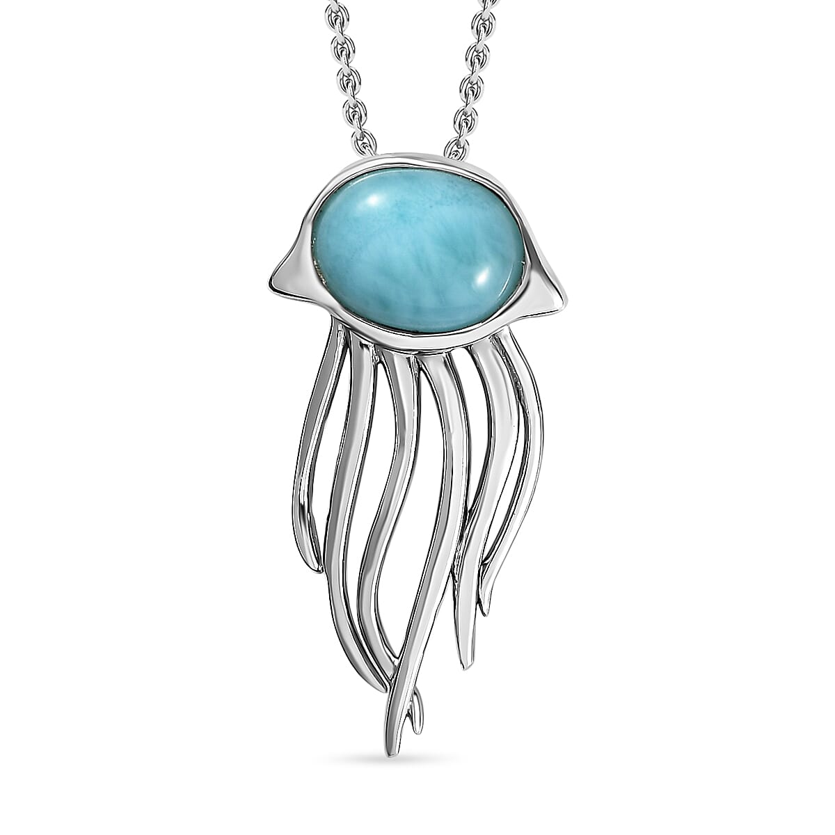 Larimar Solitaire Jellyfish Pendant with Chain (Size 20) in Platinum Overlay Sterling Silver 2.15 Ct.