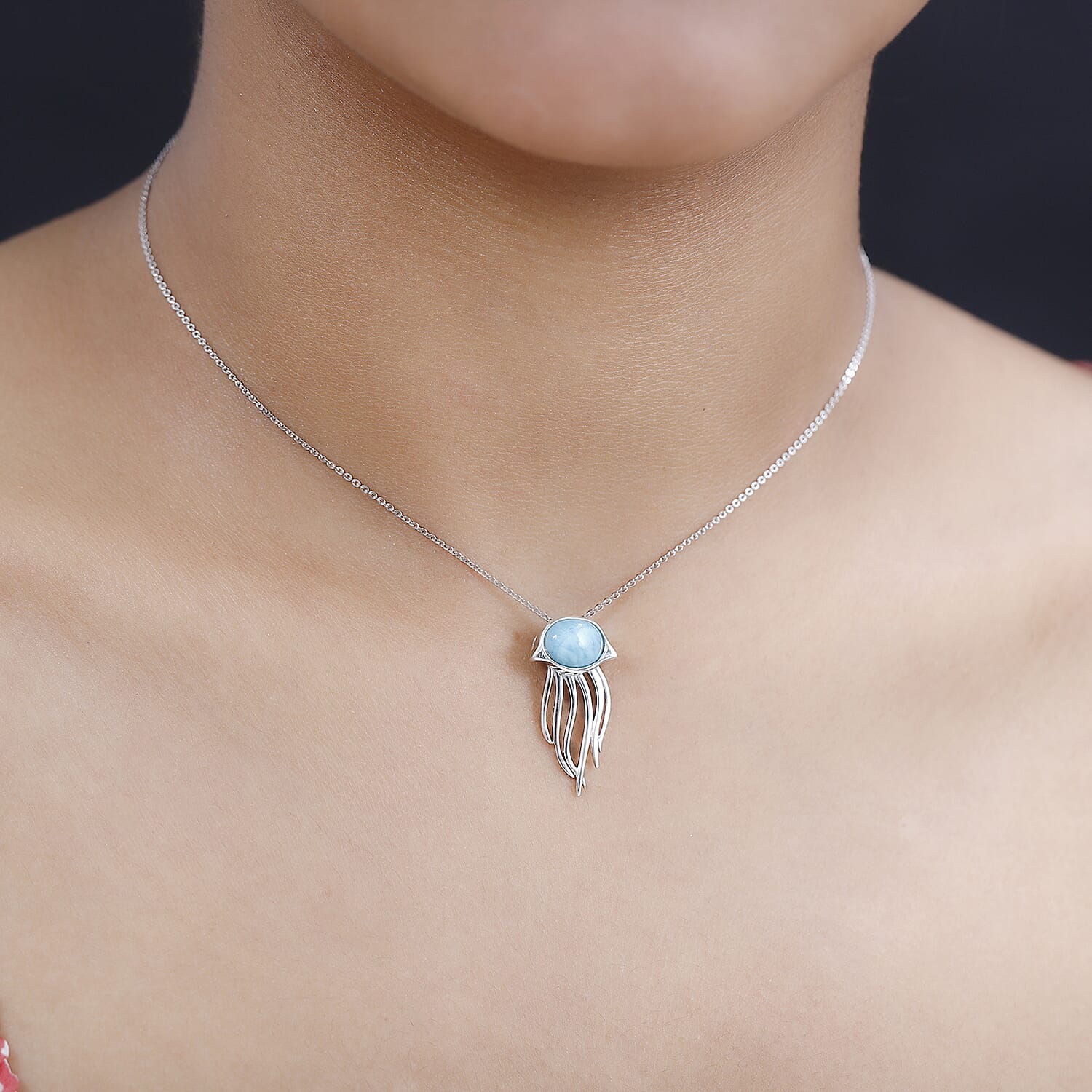 Larimar Solitaire Jellyfish Pendant with Chain (Size 20) in Platinum Overlay Sterling Silver 2.15 Ct.