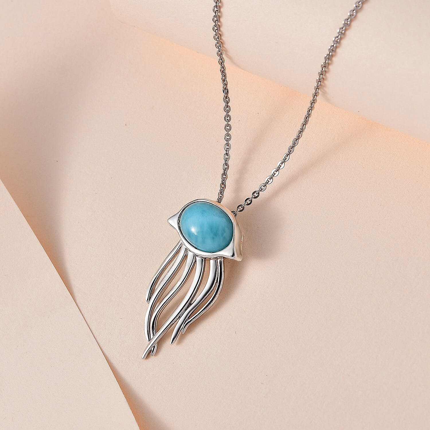 Larimar Solitaire Jellyfish Pendant with Chain (Size 20) in Platinum Overlay Sterling Silver 2.15 Ct.