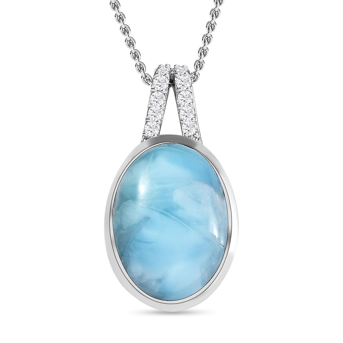 Larimar and Moissanite Pendant with Chain (Size 20) in Platinum Overlay Sterling Silver 12.04 Ct