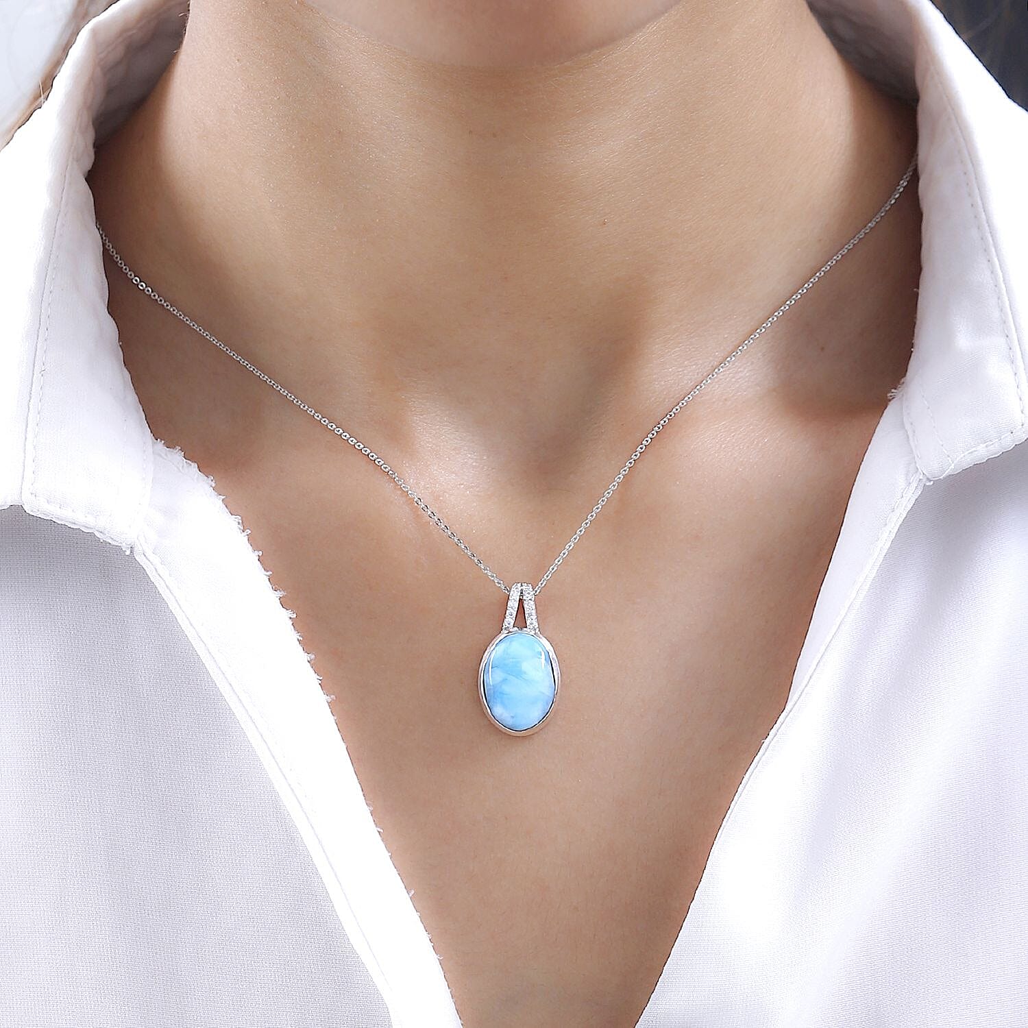 Larimar and Moissanite Pendant with Chain (Size 20) in Platinum Overlay Sterling Silver 12.04 Ct