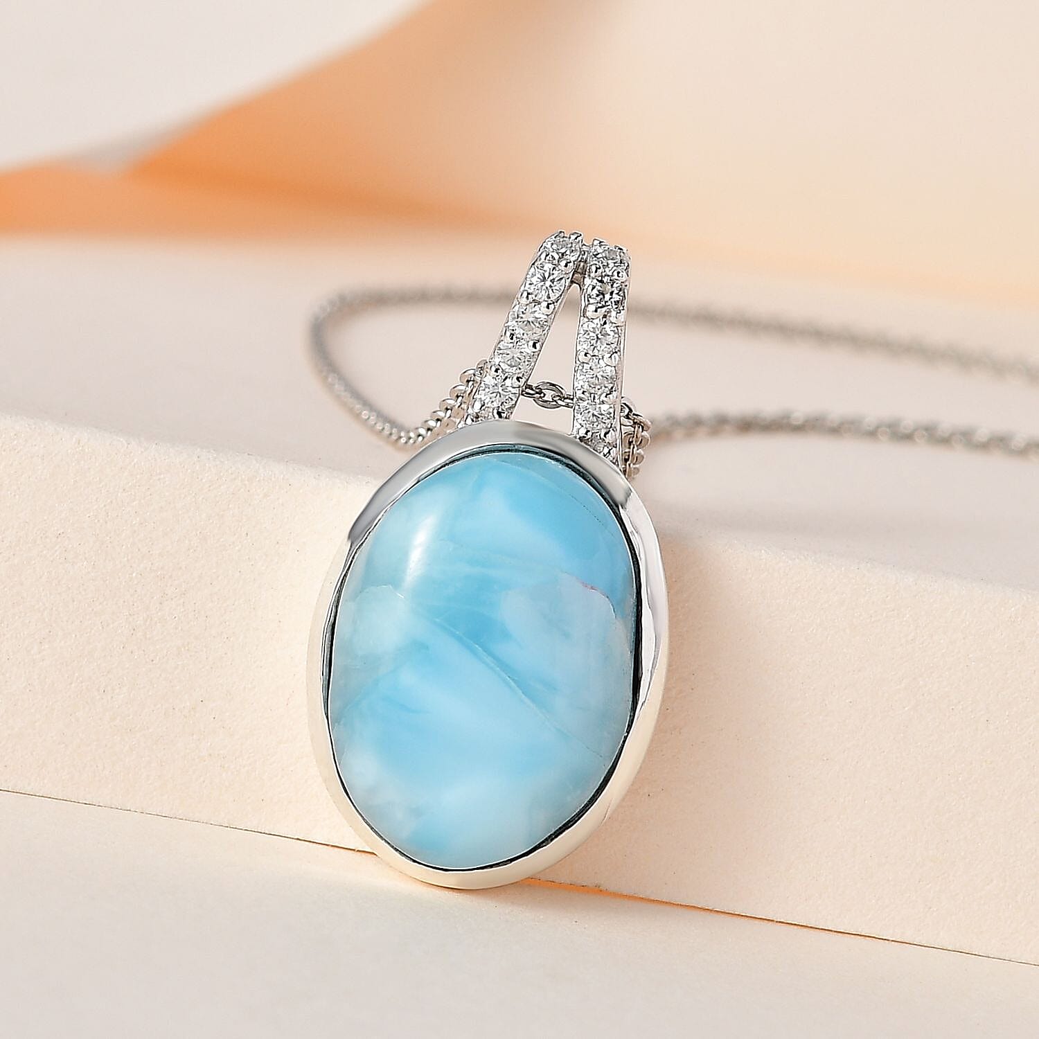 Larimar and Moissanite Pendant with Chain (Size 20) in Platinum Overlay Sterling Silver 12.04 Ct