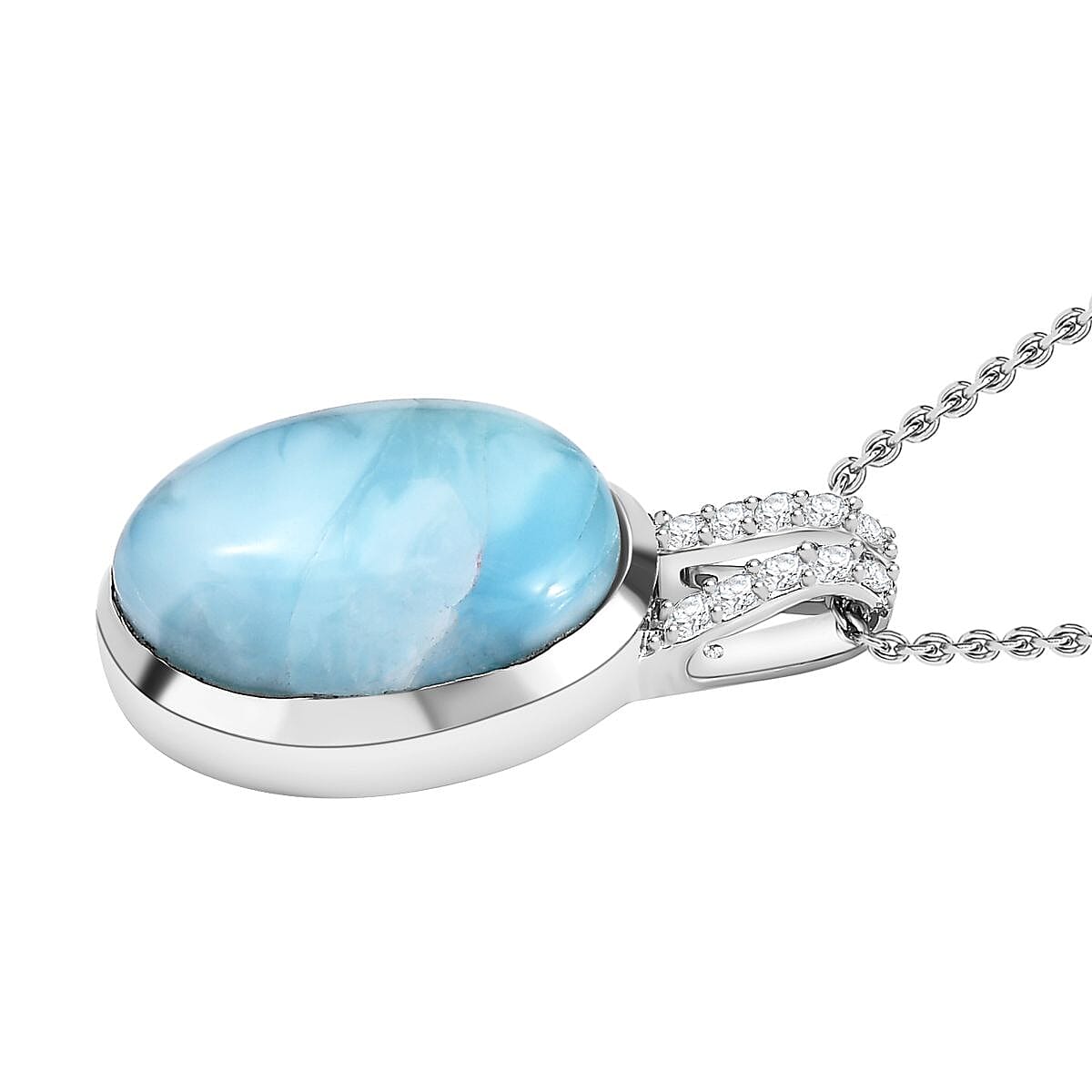 Larimar and Moissanite Pendant with Chain (Size 20) in Platinum Overlay Sterling Silver 12.04 Ct