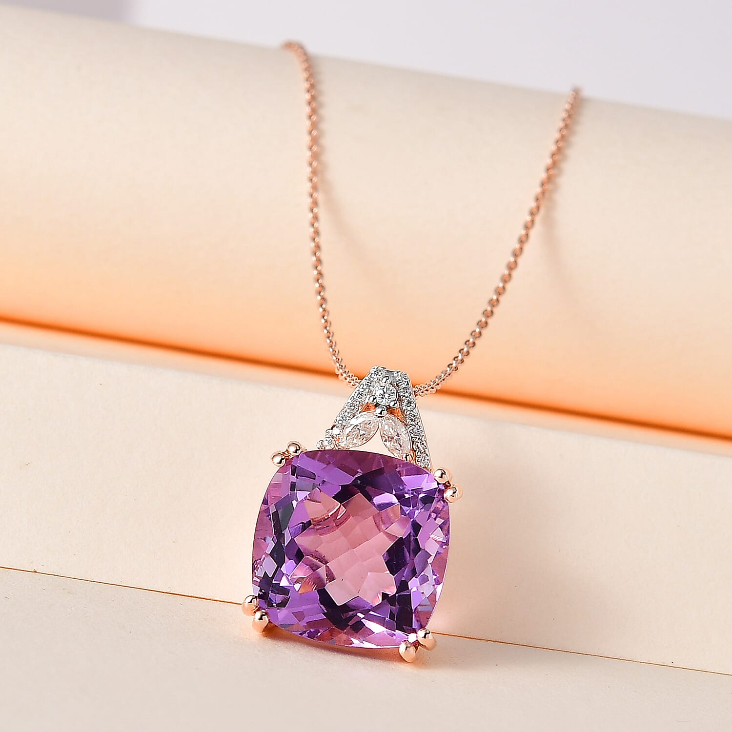 Pink Amethyst & Moissanite 18K ROSE GOLD Vermeil Sterling Silver Pendant With Chain 16.000 Ct