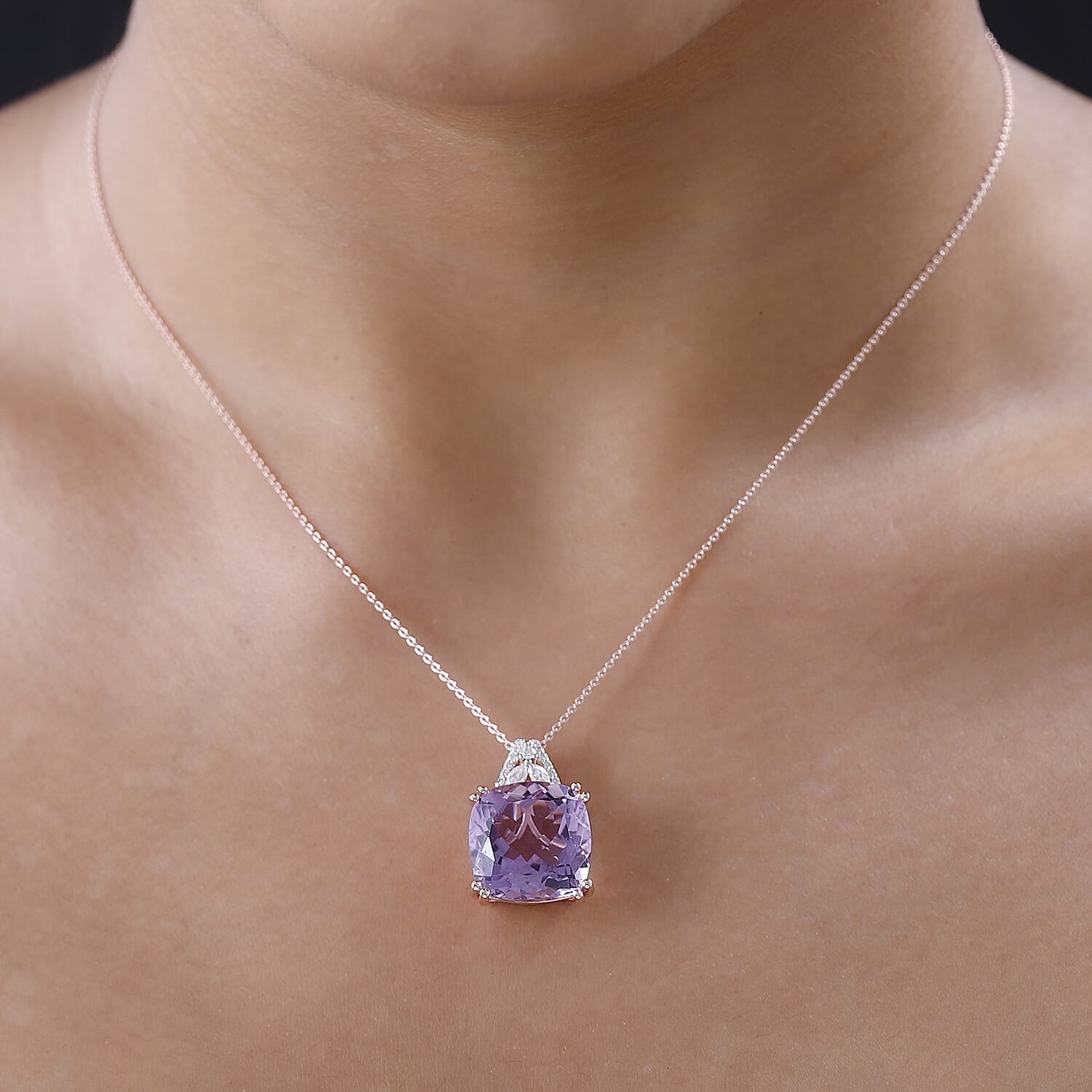 Pink Amethyst & Moissanite 18K ROSE GOLD Vermeil Sterling Silver Pendant With Chain 16.000 Ct