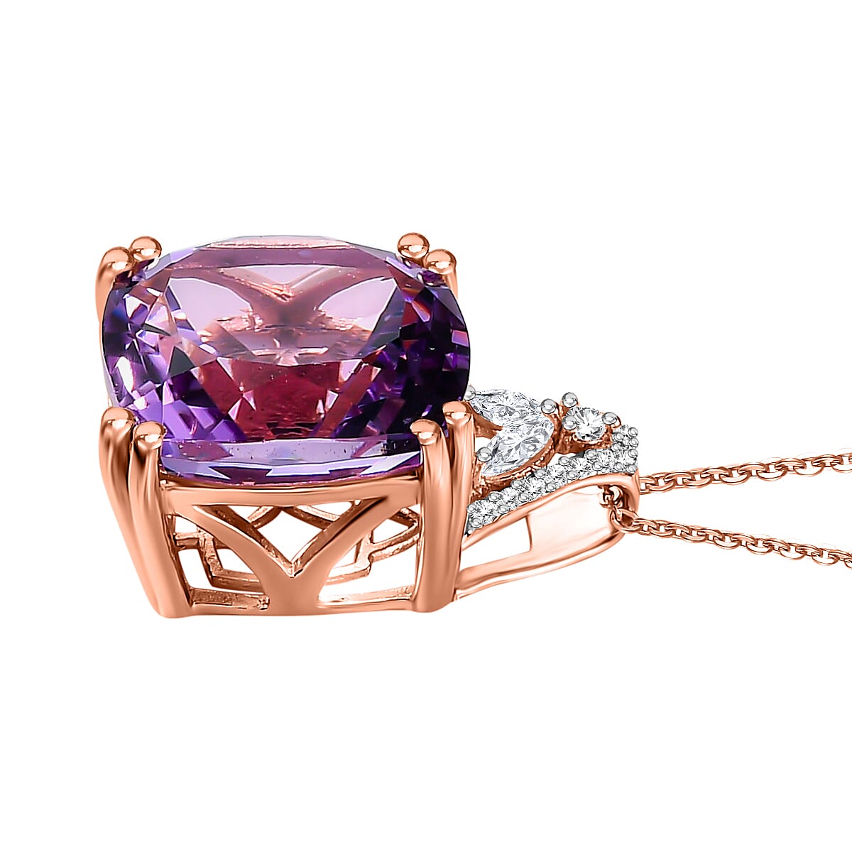 Pink Amethyst & Moissanite 18K ROSE GOLD Vermeil Sterling Silver Pendant With Chain 16.000 Ct