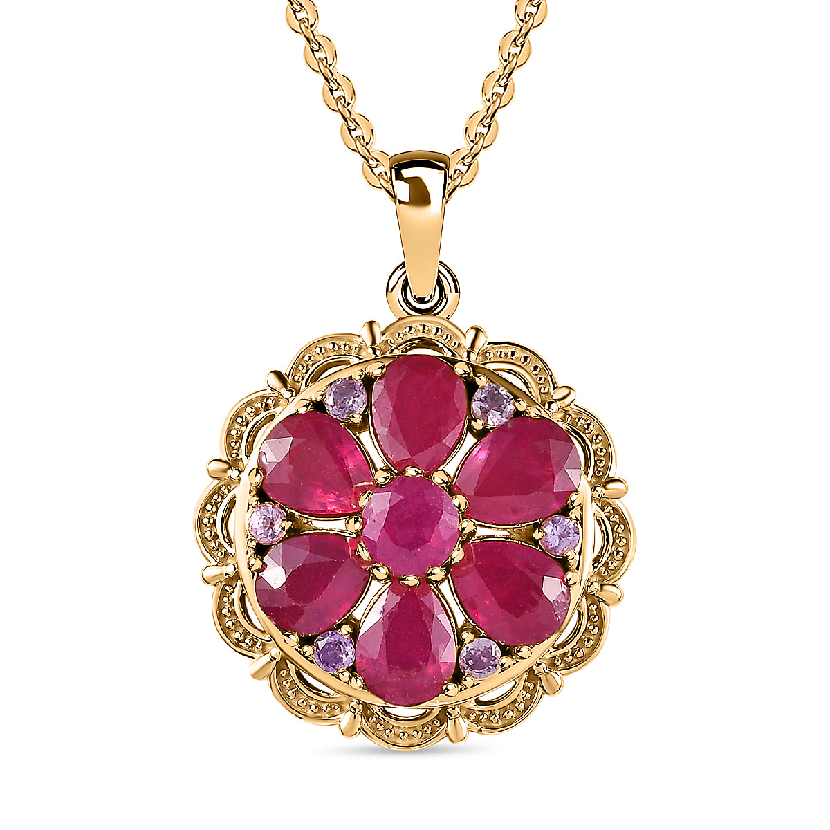African Ruby and Pink Sapphire Floral Pendant with Chain (Size 20