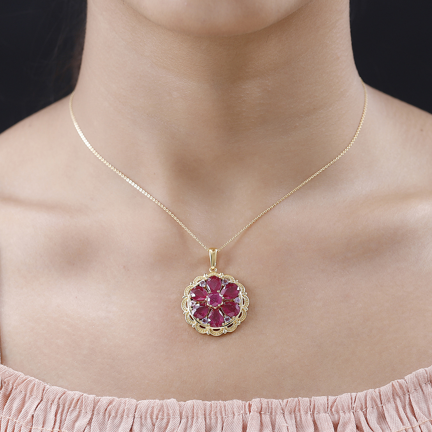 African Ruby and Pink Sapphire Floral Pendant with Chain (Size 20