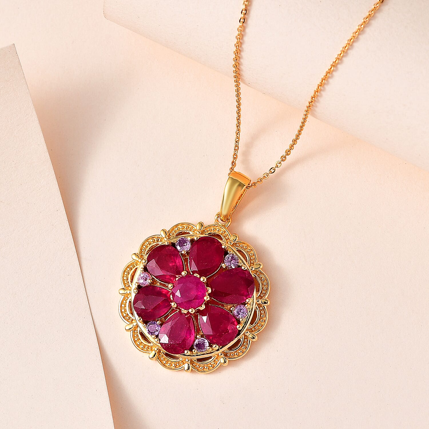 African Ruby & Pink Sapphire Pendant with Chain (Size 20) in 18K Vermeil YG Plated Sterling Silver 9.70 Ct, Silver Wt 5.00 GM
