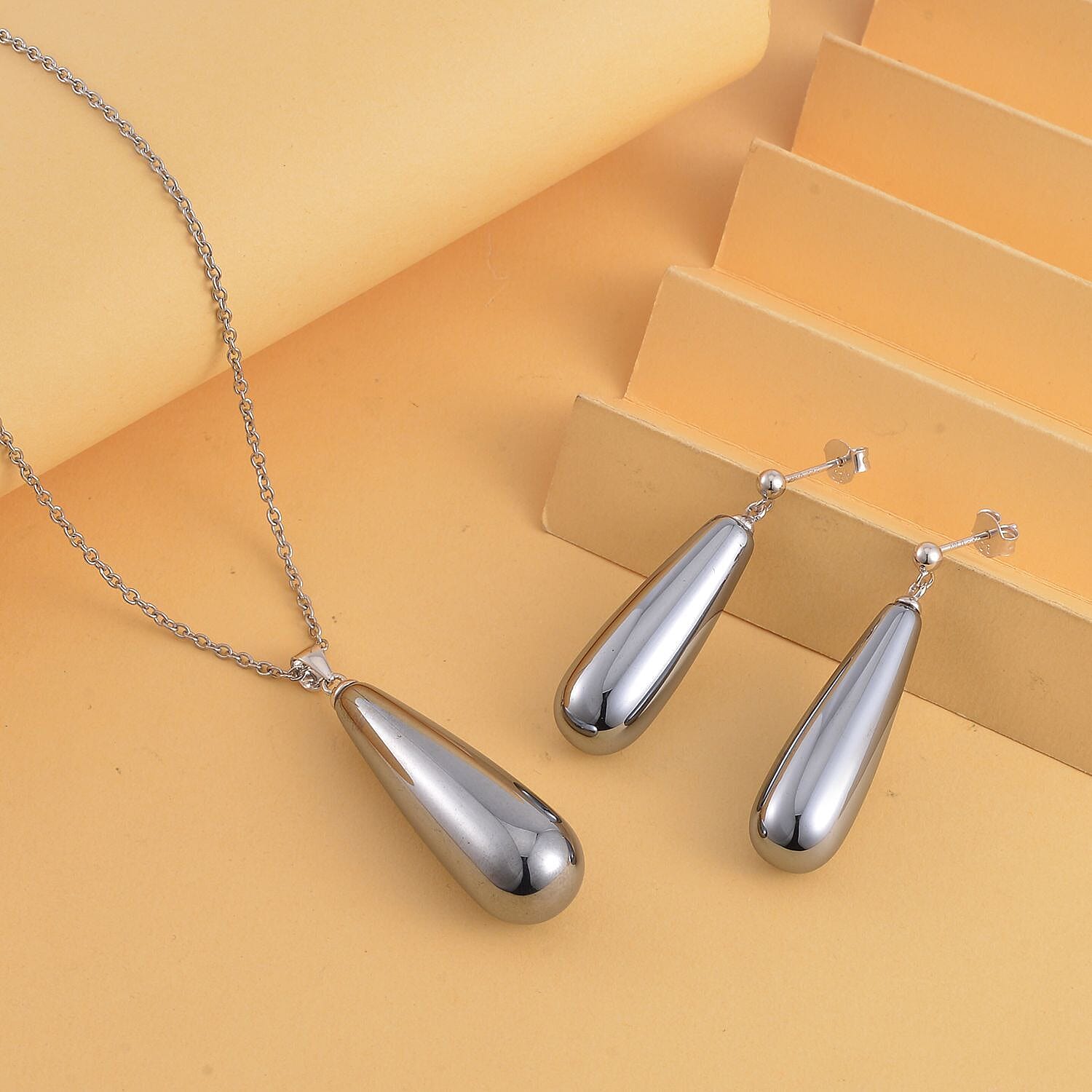 2 Piece Set - Terahertz Tear Drop Earrings & Pendant with Stainless Steel Chain (Size 20) in Rhodium Overlay Sterling Silver