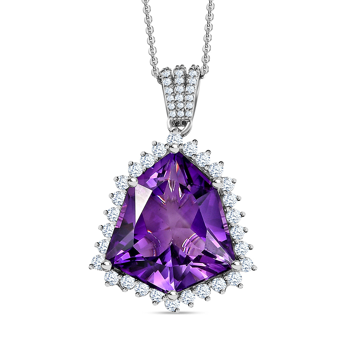 Canela Amethyst and Natural Zircon Halo Pendant with Chain (Size 20) in Platinum Overlay Sterling Silver 20.08 Ct