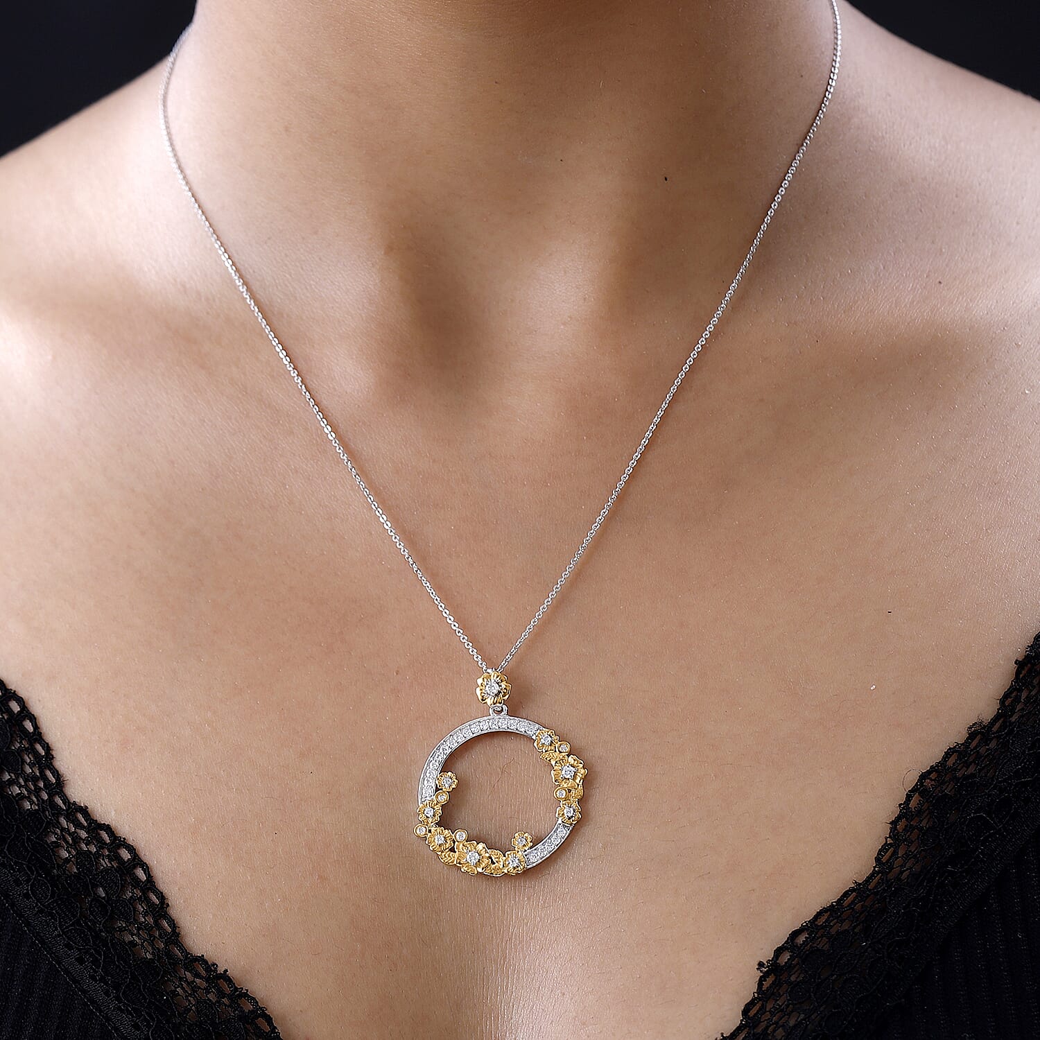 Moissanite Pendant with Chain (Size 20) in Two-Tone Plated Sterling Silver