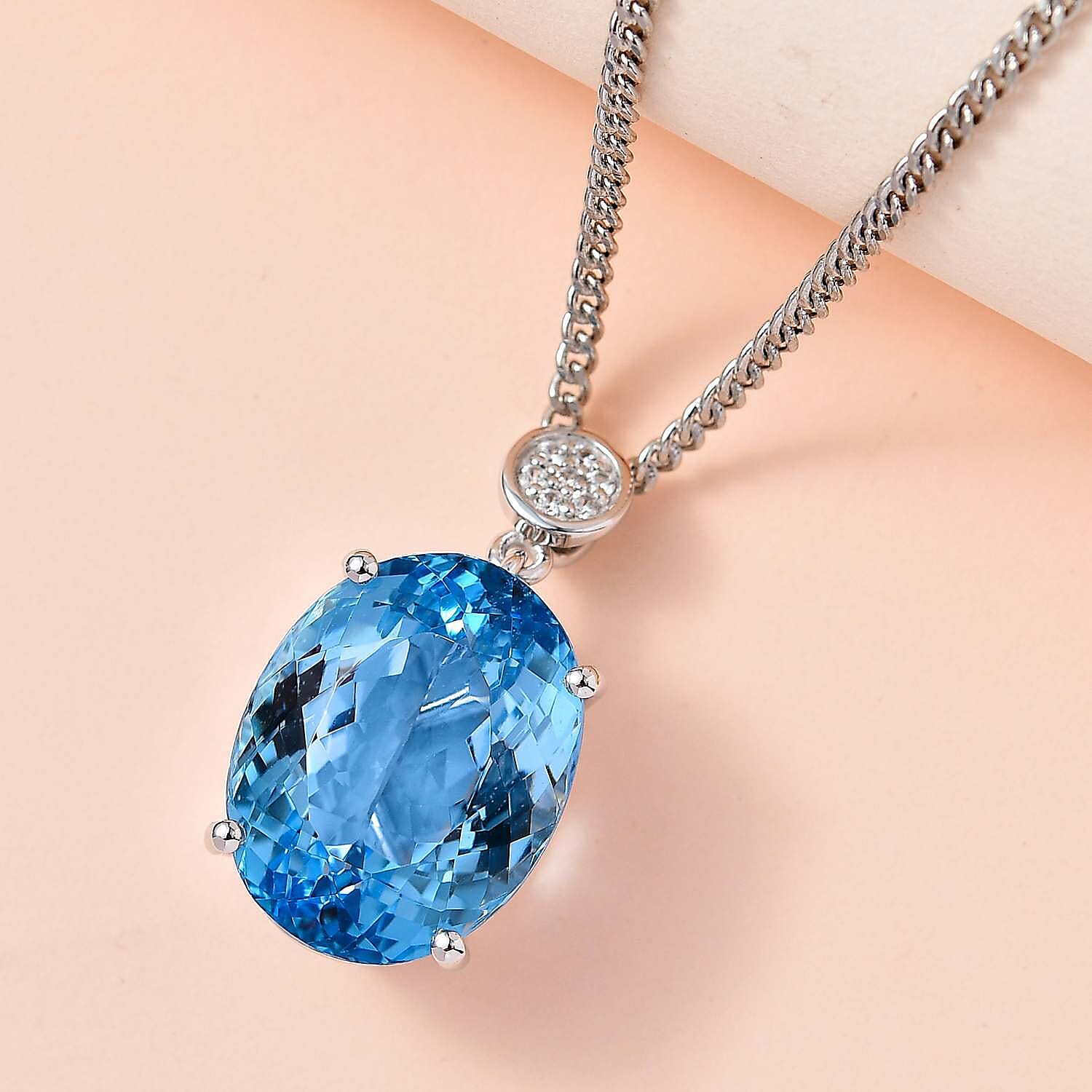 Blue Topaz and Natural Zircon Pendant with Chain (Size-20) in Platinum Overlay Sterling Silver 37.09 Ct, Silver Wt 6.00 GM