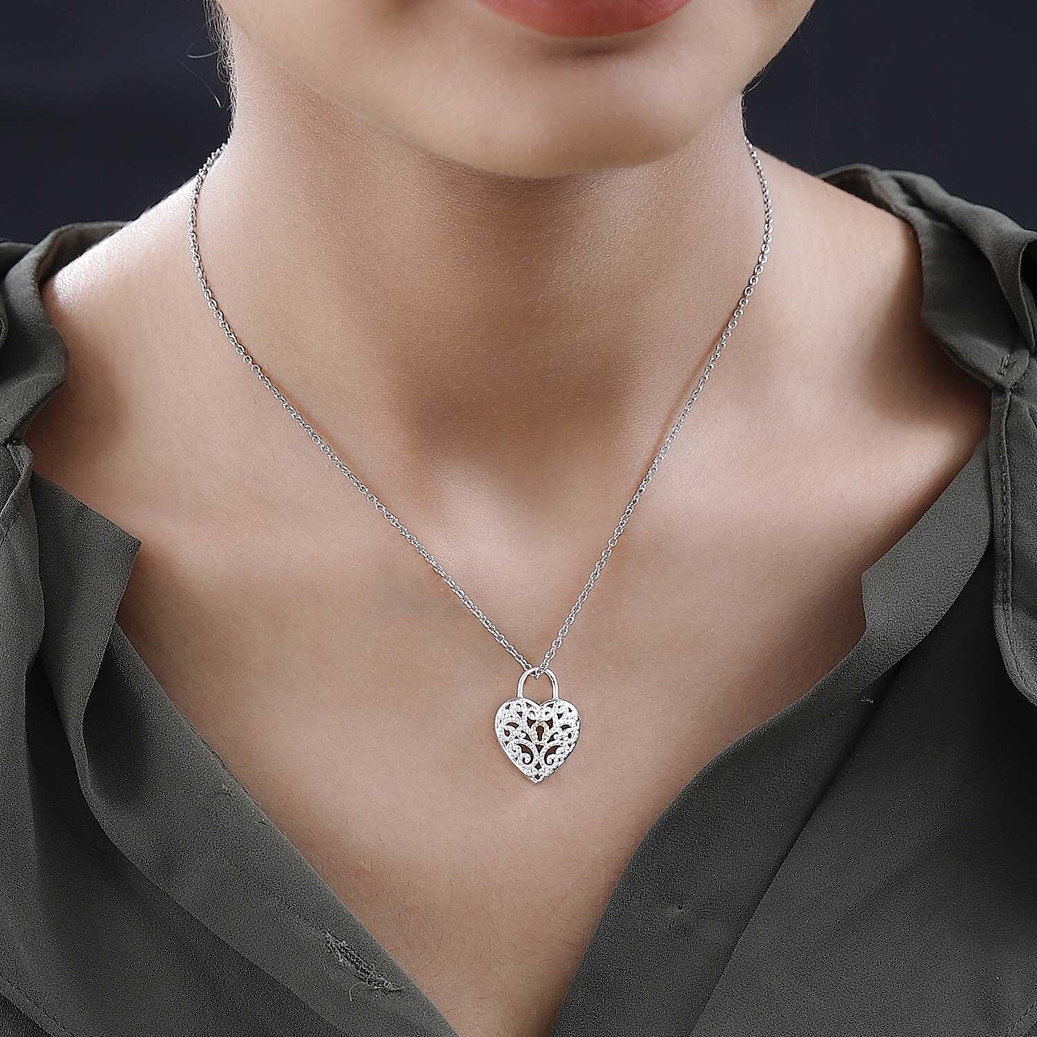 Diamond Heart Yellow Pen Overlay Sterling Silver Pendant with Stainless Steel Chain (Size 20)