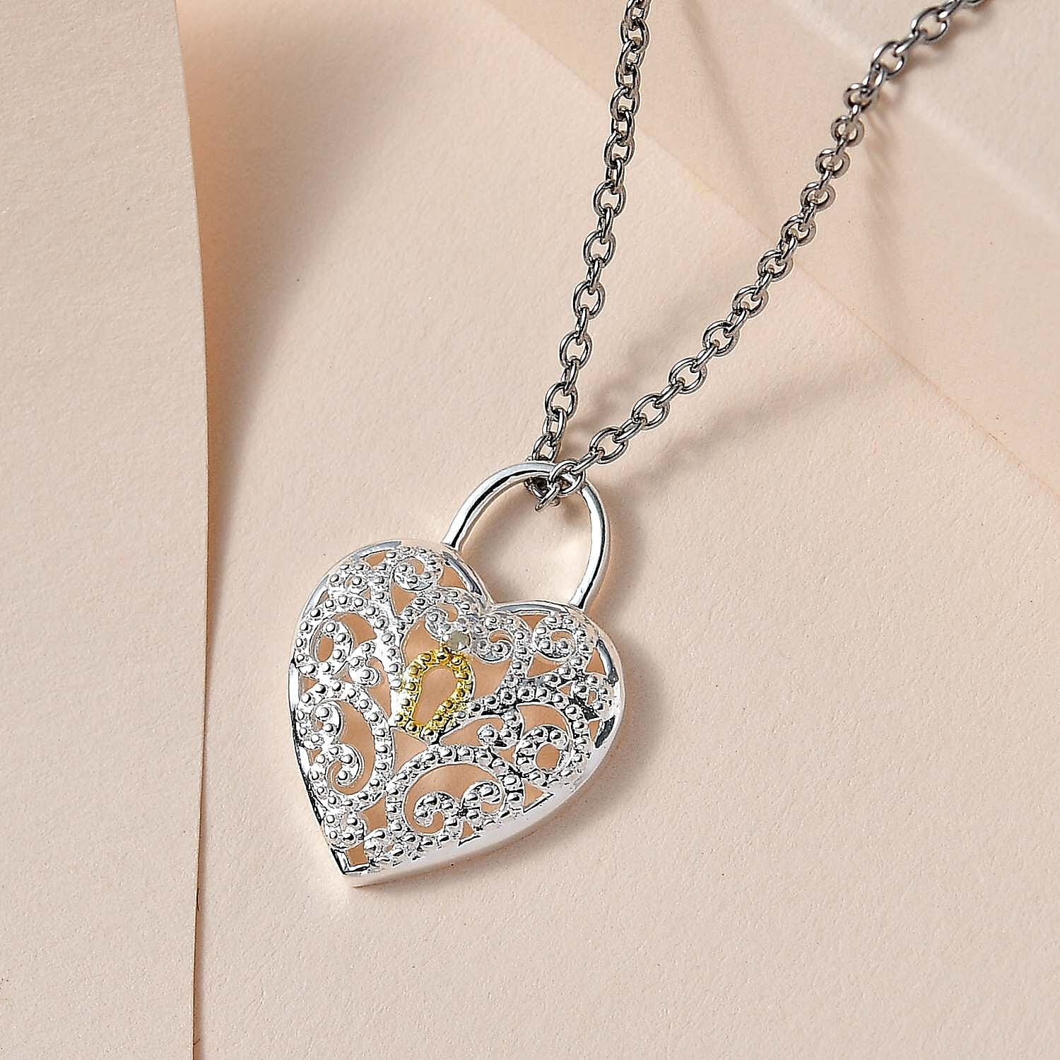 Diamond Heart Yellow Pen Overlay Sterling Silver Pendant with Stainless Steel Chain (Size 20)