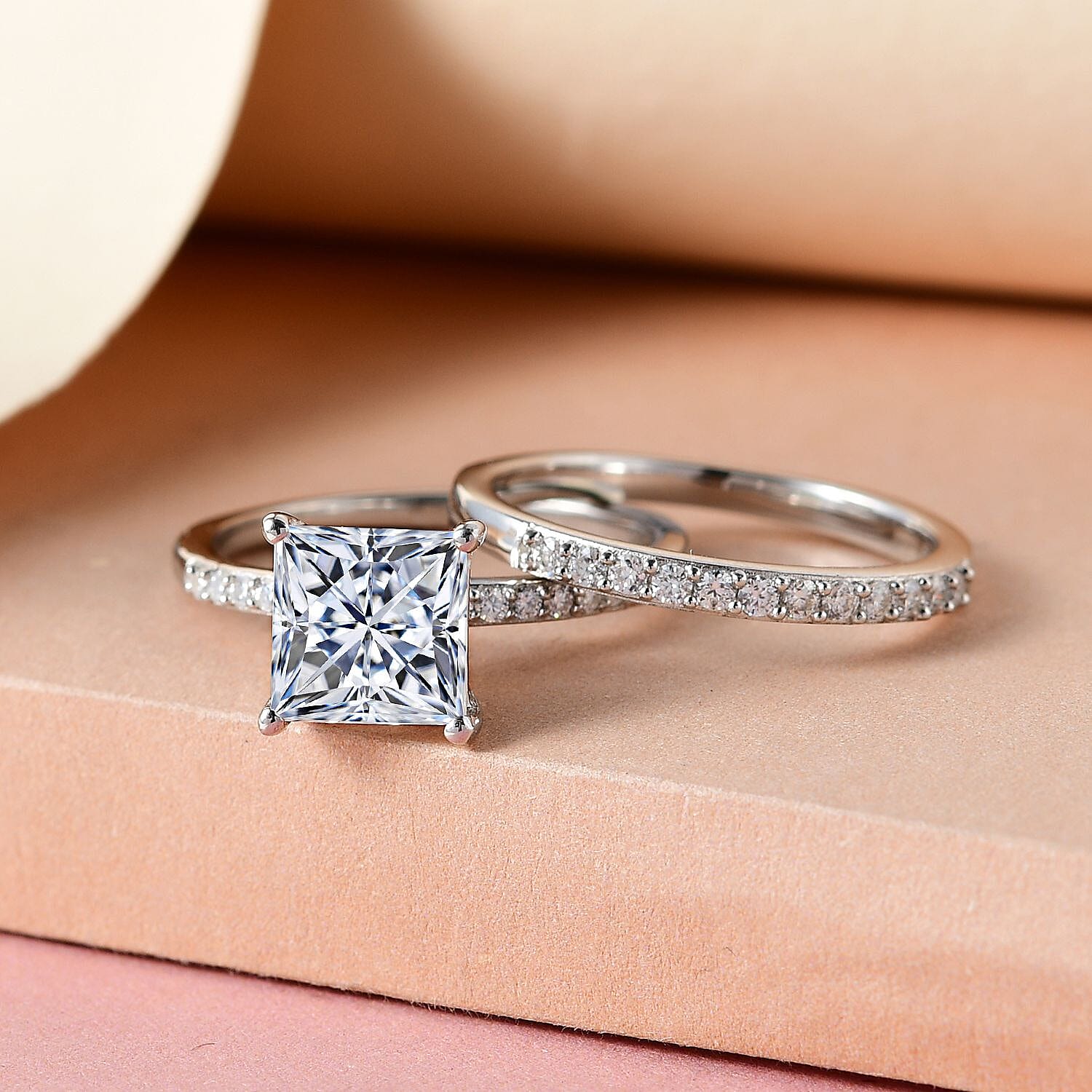 Set of 2 -  Moissanite Stackable Ring in Platinum Overlay Sterling Silver